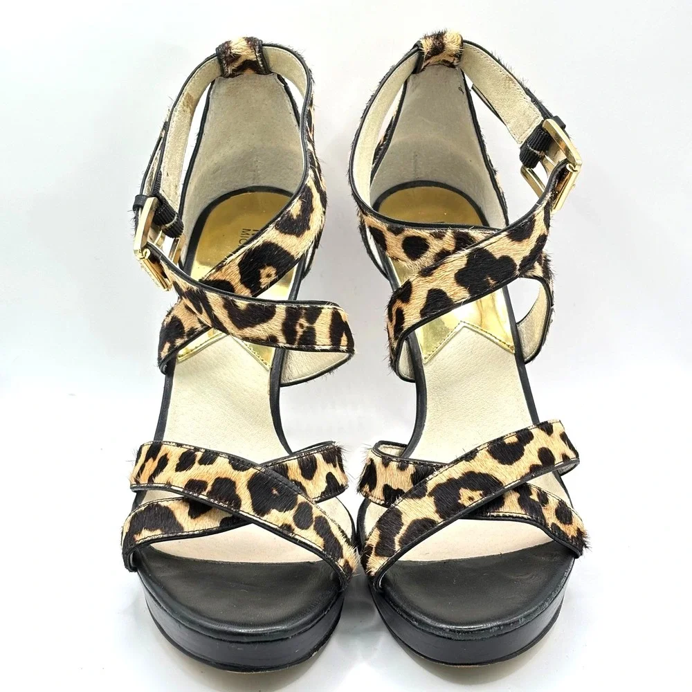 Michael Kors Women Leopard Print Calf Hair Platform Stiletto Sandals Brown Black